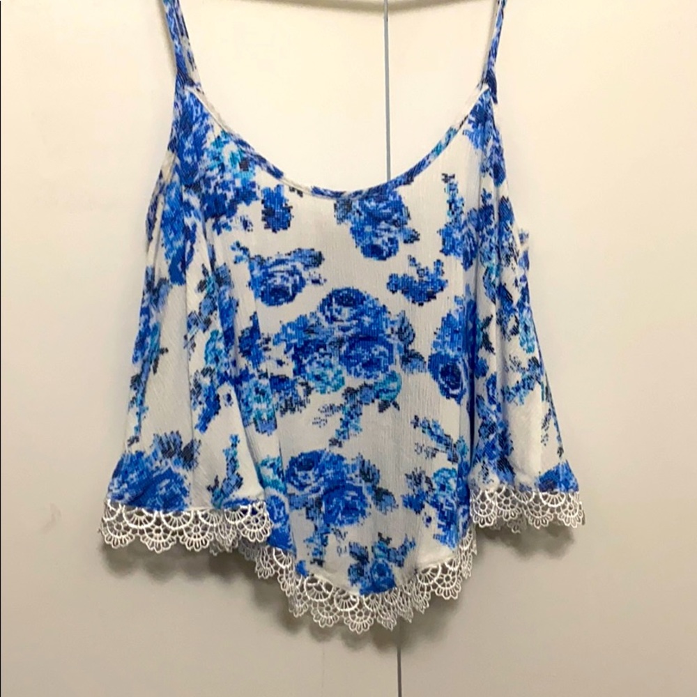 Blue Rose & Lace Trim Crop Top